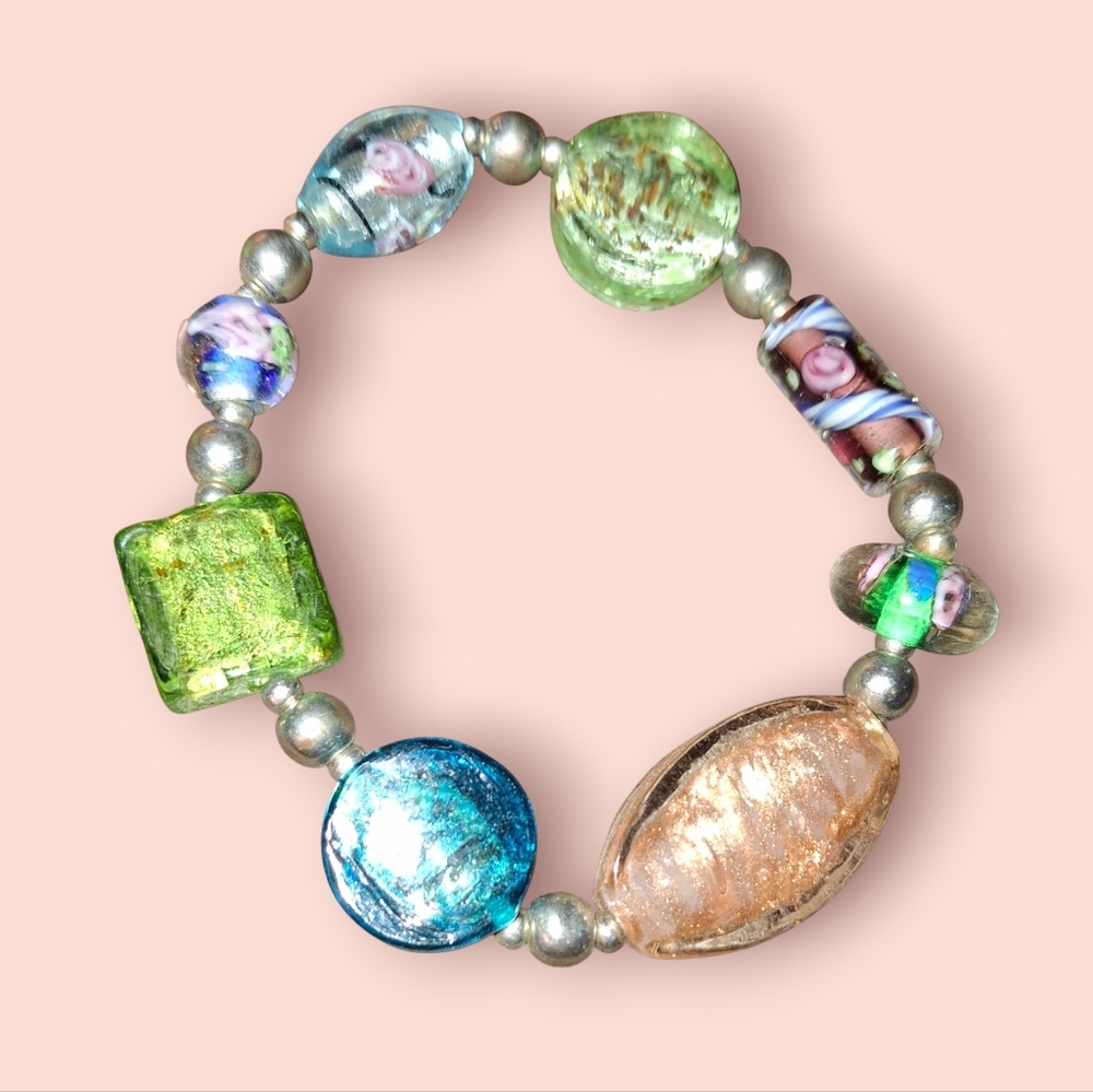 Art Glass Stretch Beaded Bracelet Foil Dichroic Millefiori Style